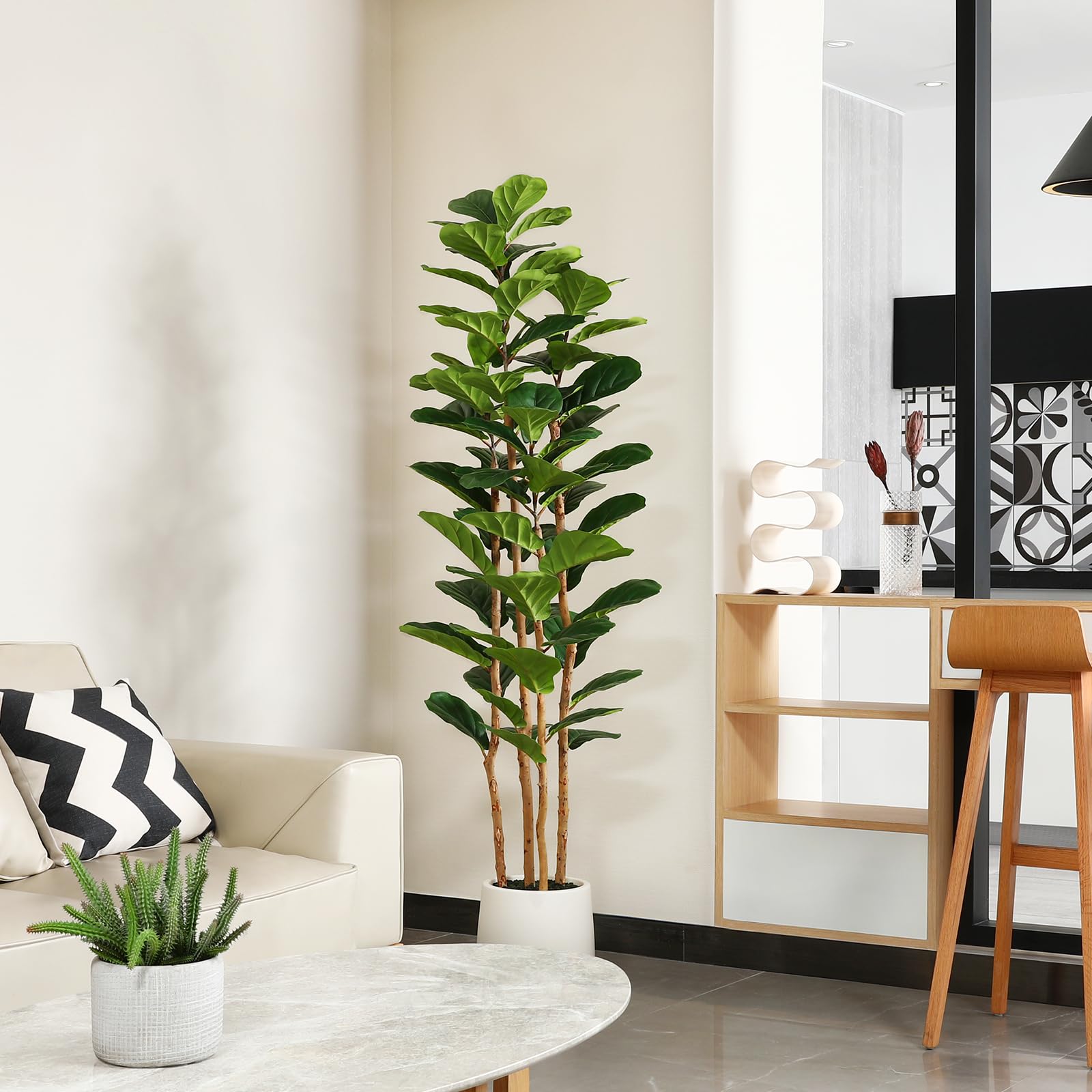 Fiddle Leaf Fig - 흰색 화분에 담긴 인조 피들리프 피규스